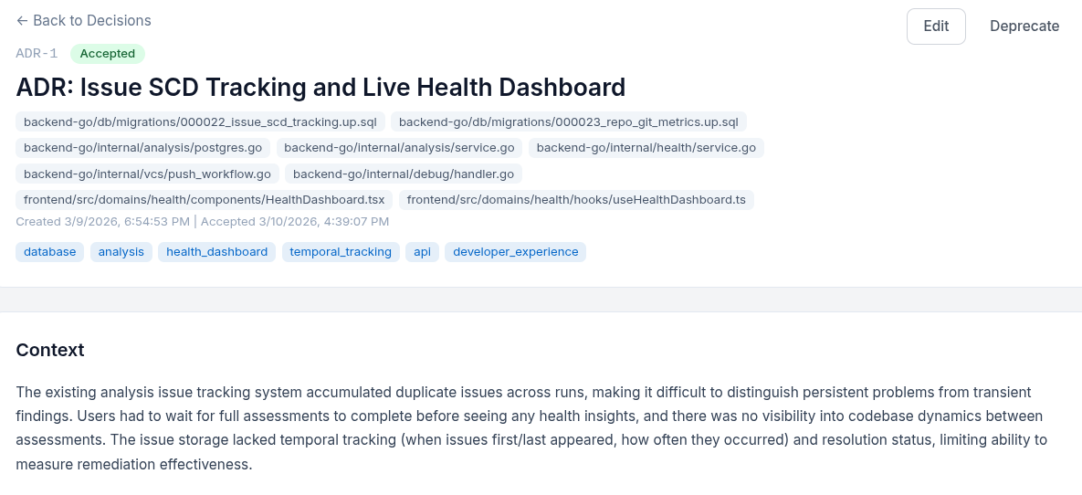 Architecture Decision Record showing lifecycle status, affected files, context, and domain tags