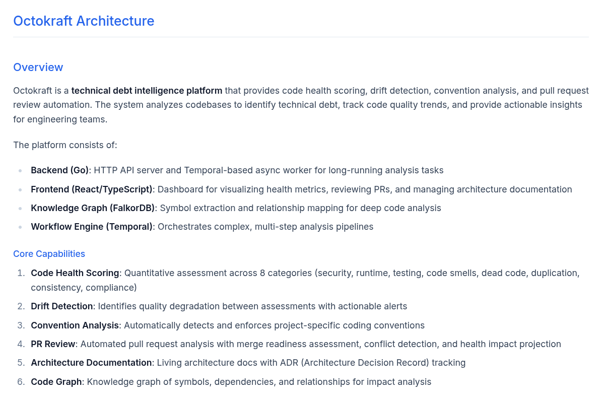 Auto-generated architecture documentation kept in sync with the codebase