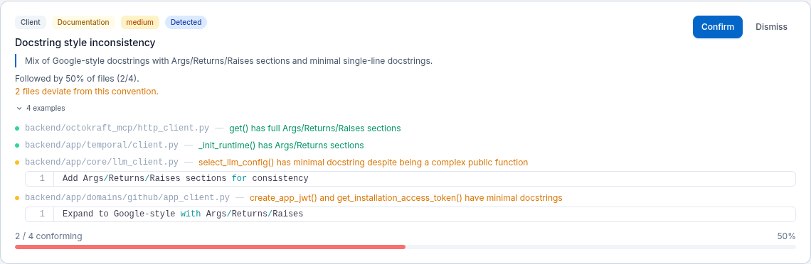 Expanded convention card showing conforming and deviating code examples with file paths and snippets