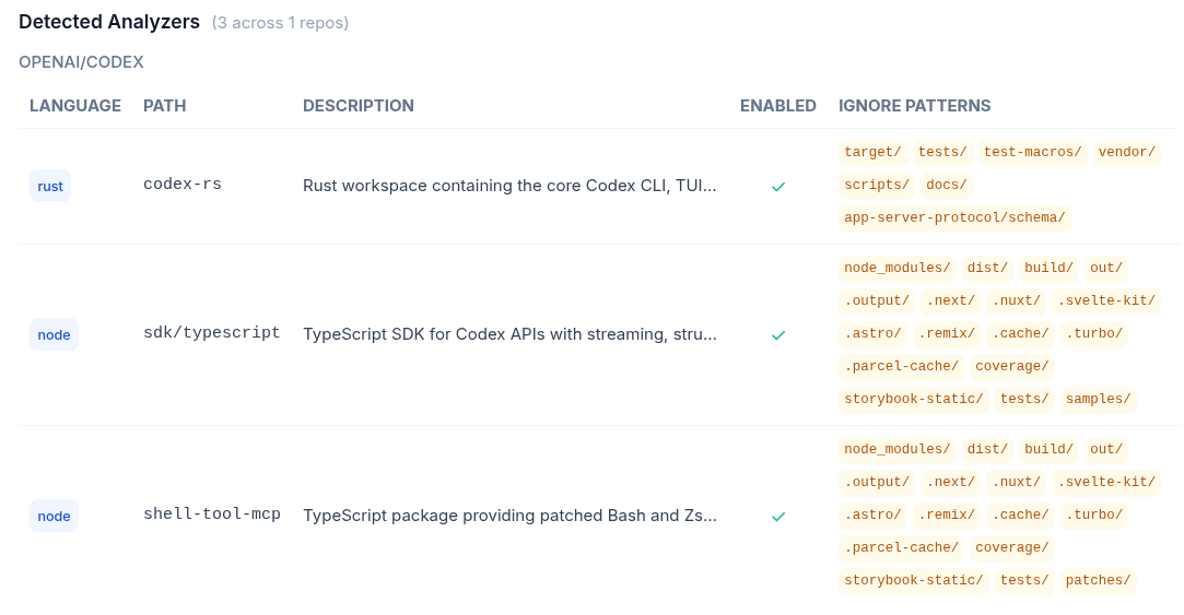 Detected analyzers table showing language, path, and ignore patterns