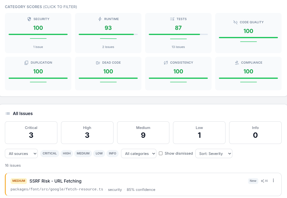 Eight health category score bars showing individual dimension ratings