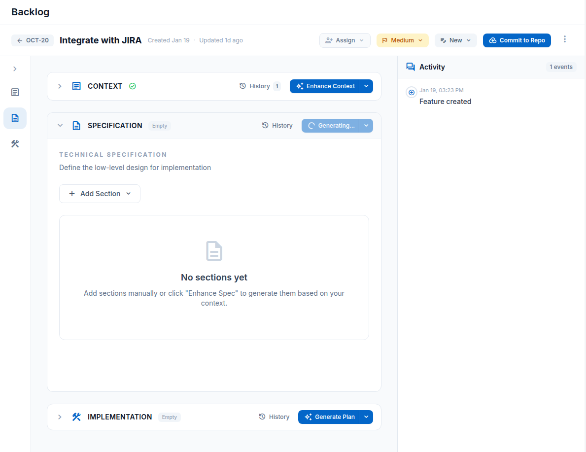 Octokraft Issue Tracking showing spec-driven development with system context