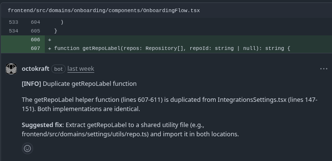Octokraft inline review comment on GitHub showing a convention violation with suggested fix