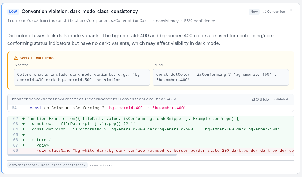 Convention drift panel showing violations with expected vs actual code patterns